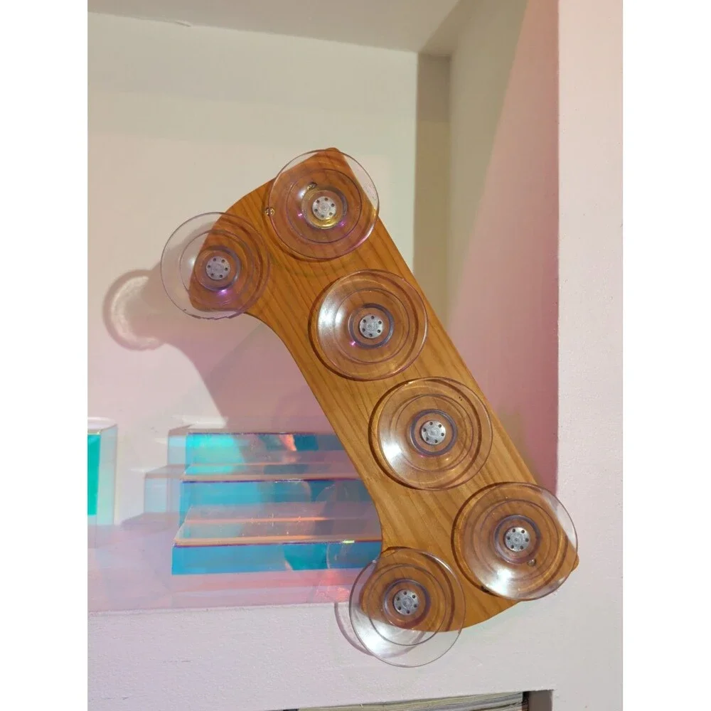 Vintage Wooden Wall Hanging Planter Shelf Canvas Sling 6 Cup Suction Display Rac